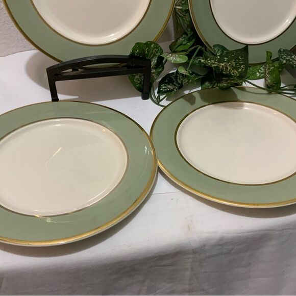 COPY - 4 Dinner Plate Classic Heritage Green Green Band Gold Trim Made in USA  … - Picture 3 of 10